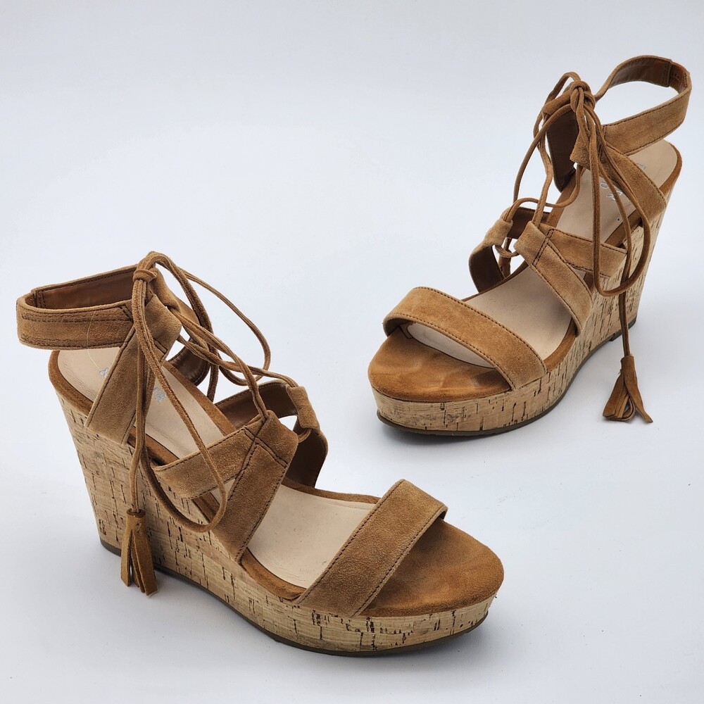 Bleecker & Bond Marisol Tassel Lace Up Wedge Sandals Size 7.5